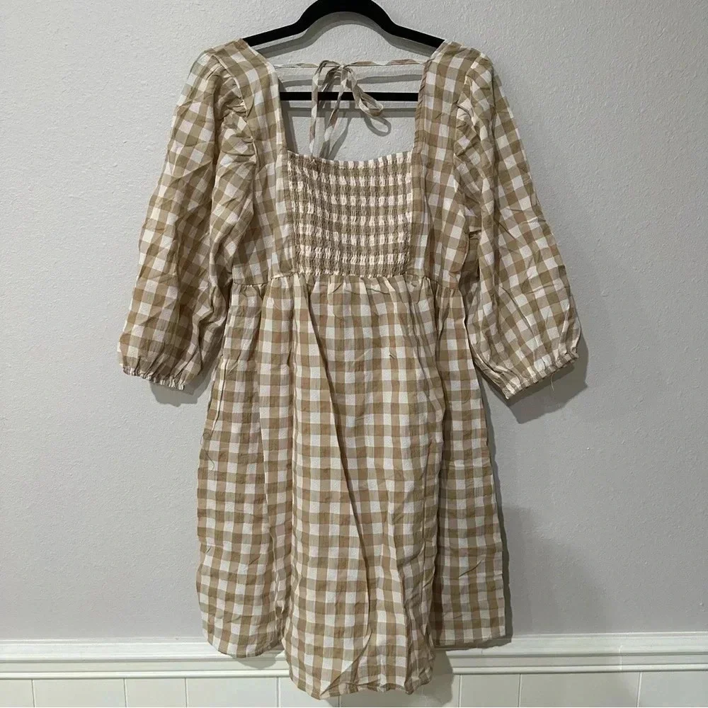 Umgee Gingham Beige & White Fall 3/4 Sleeve Tie Back A-Line Dress Size M NWT - Picture 13 of 13